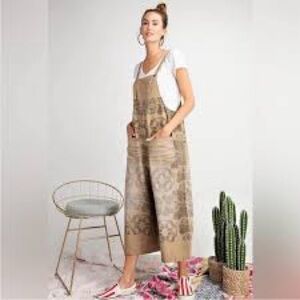 Easel boho floral printed tan and brown wide leg overalls with adjustable straps